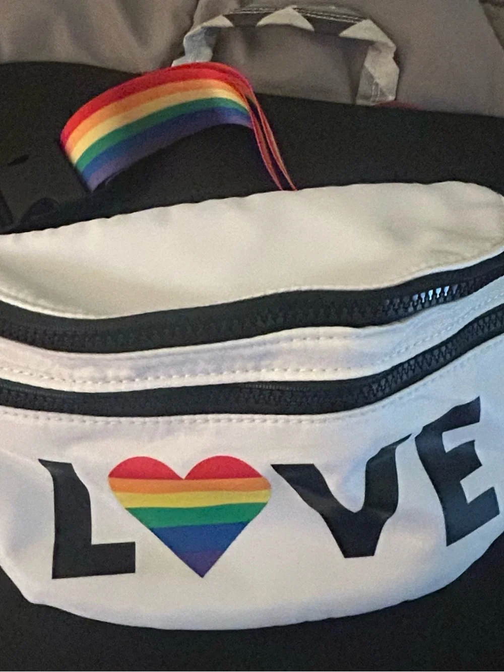 Claire's White Waist Bag with Rainbow Heart Accent